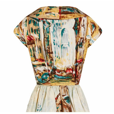 ARCHIVE - 1950s Novelty Abstract Printed Silk Dress With Broad Lapel and Button Detail