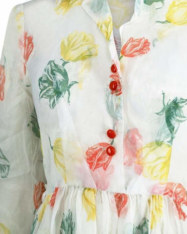 1950s Organza Floral Tulip Print Shirt Dress
