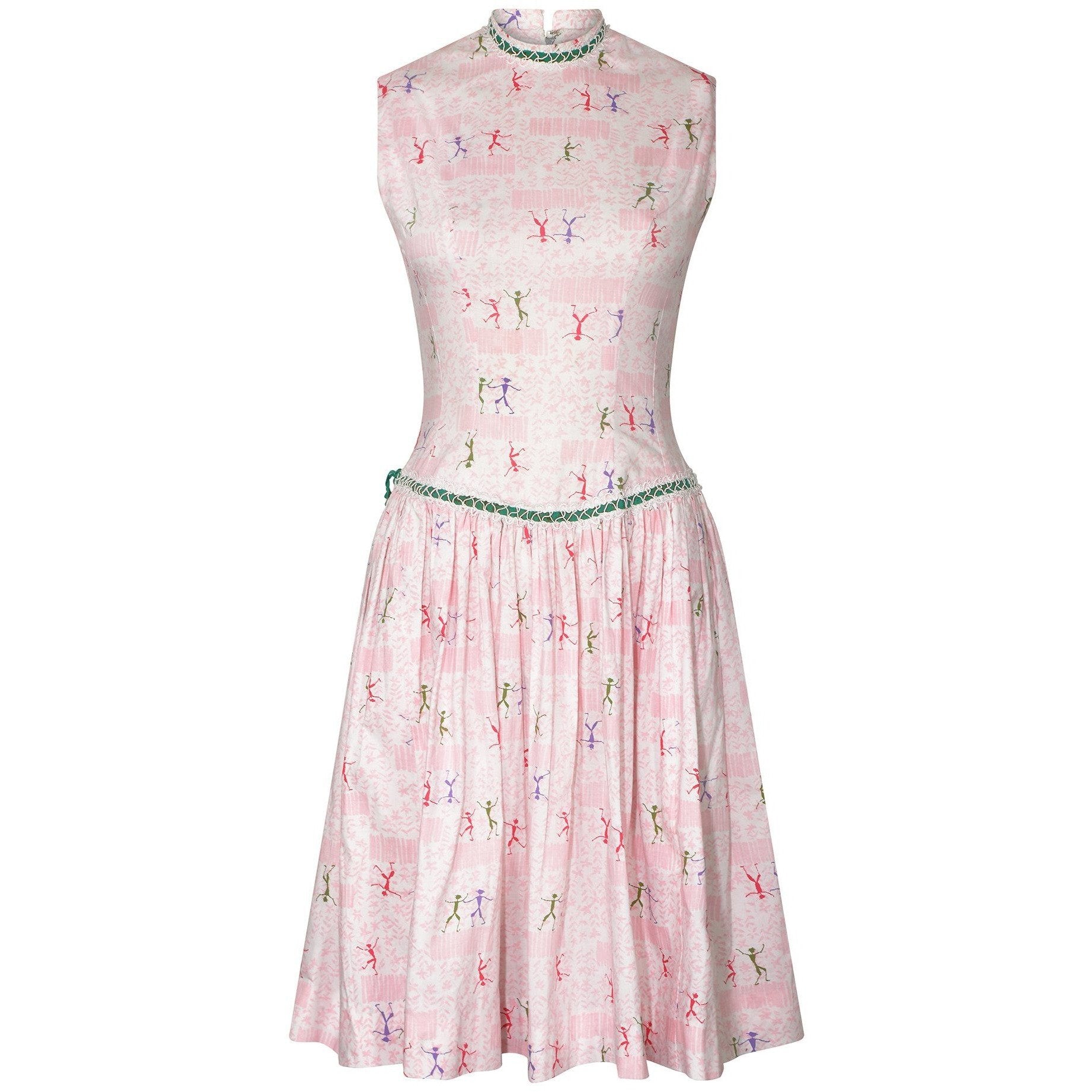 1950s Pink Cotton Dancing Man Novelty Print Dress