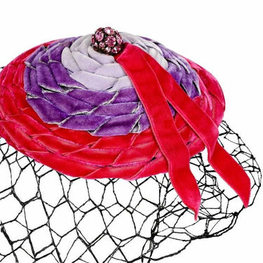 1950s Pink & Purple Ribbonwork Veiled Hat Topper