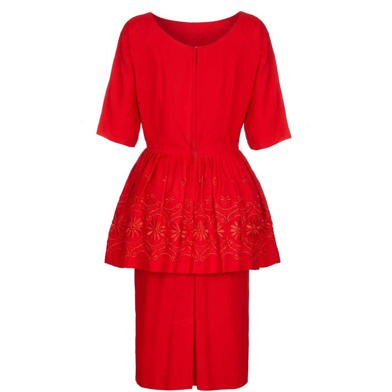 1950s Red Cotton Dress with Embroidered Peplum