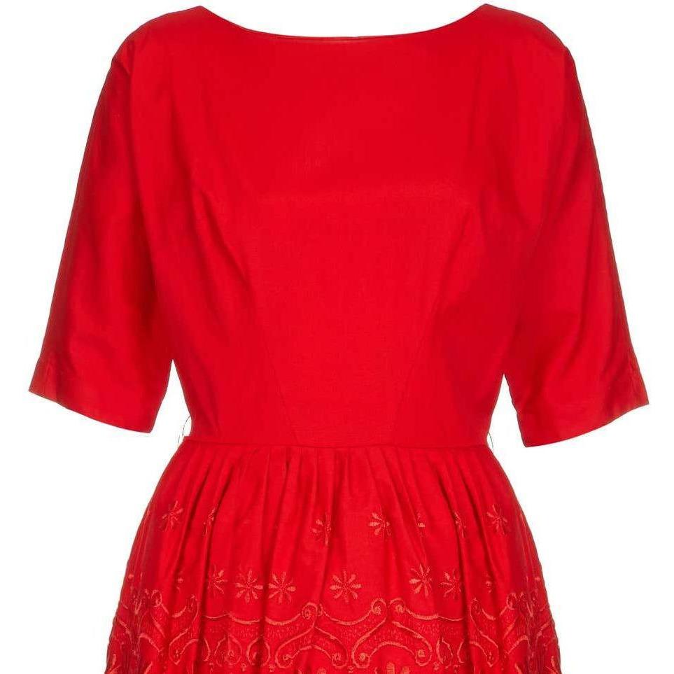 1950s Red Cotton Dress with Embroidered Peplum