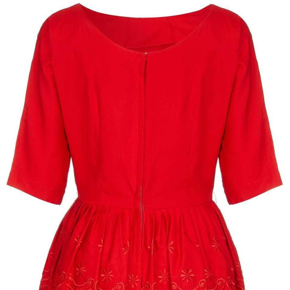 1950s Red Cotton Dress with Embroidered Peplum