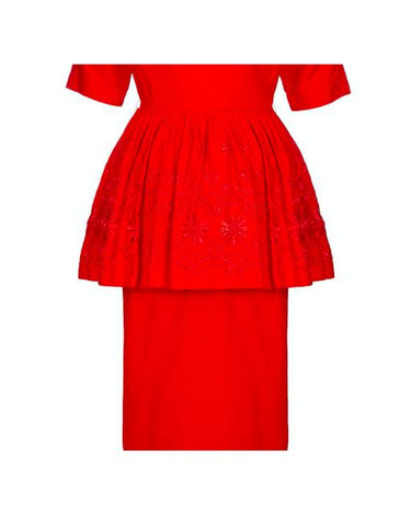 1950s Red Cotton Dress with Embroidered Peplum