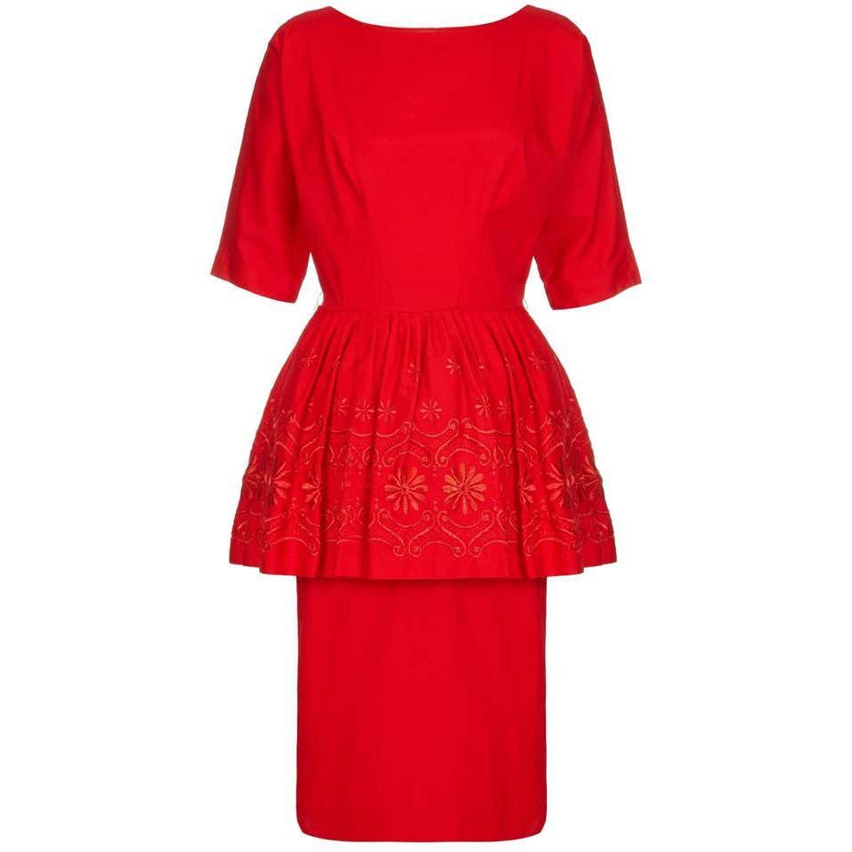 1950s Red Cotton Dress with Embroidered Peplum