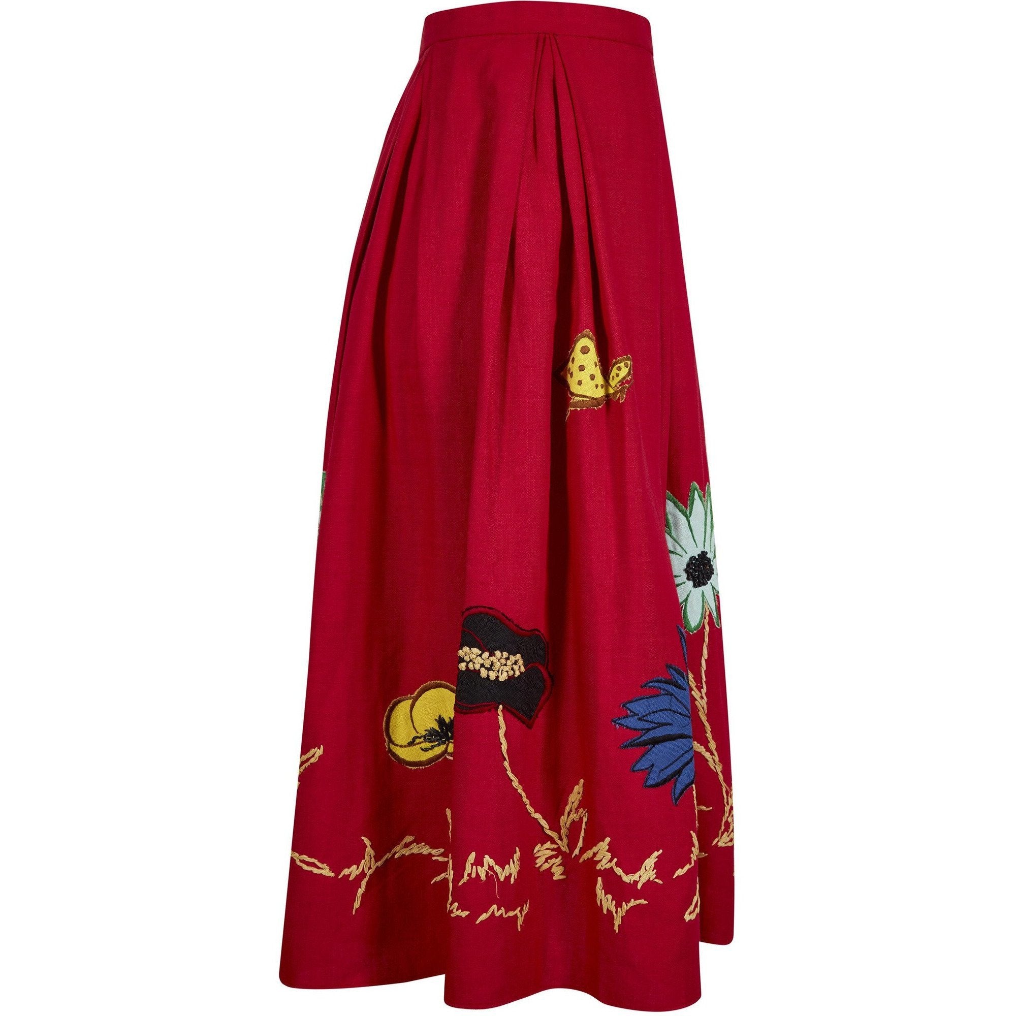 1950s Red Cotton Skirt With Floral Novelty Appliqué