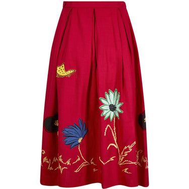 ARCHIVE - 1950s Red Cotton Skirt With Floral Novelty Appliqué