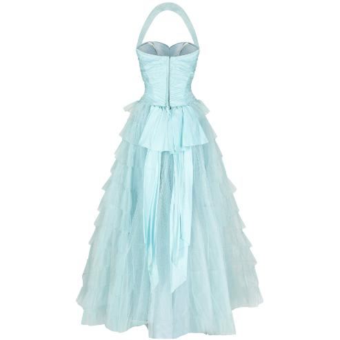 1950s Ruffle Turquoise Layered Net Prom Halterneck Dress