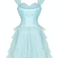 1950s Ruffle Turquoise Layered Net Prom Halterneck Dress