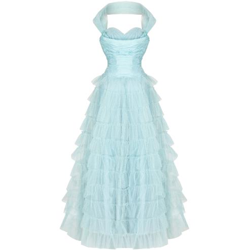 1950s Ruffle Turquoise Layered Net Prom Halterneck Dress