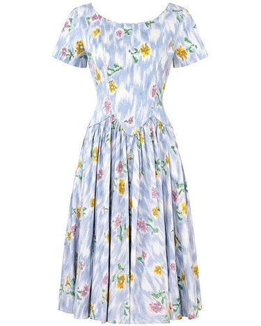1950s Sambo Fashions Cotton Floral Print Dress With Full Skirt