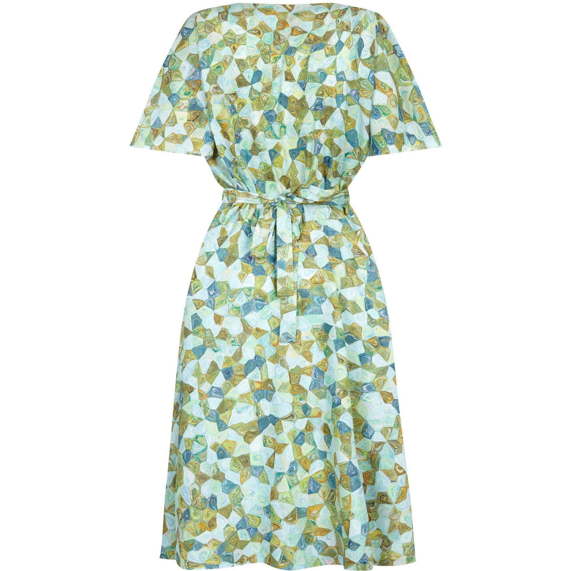 1950s Silk Pale Green Abstract Novelty Patterned Dress