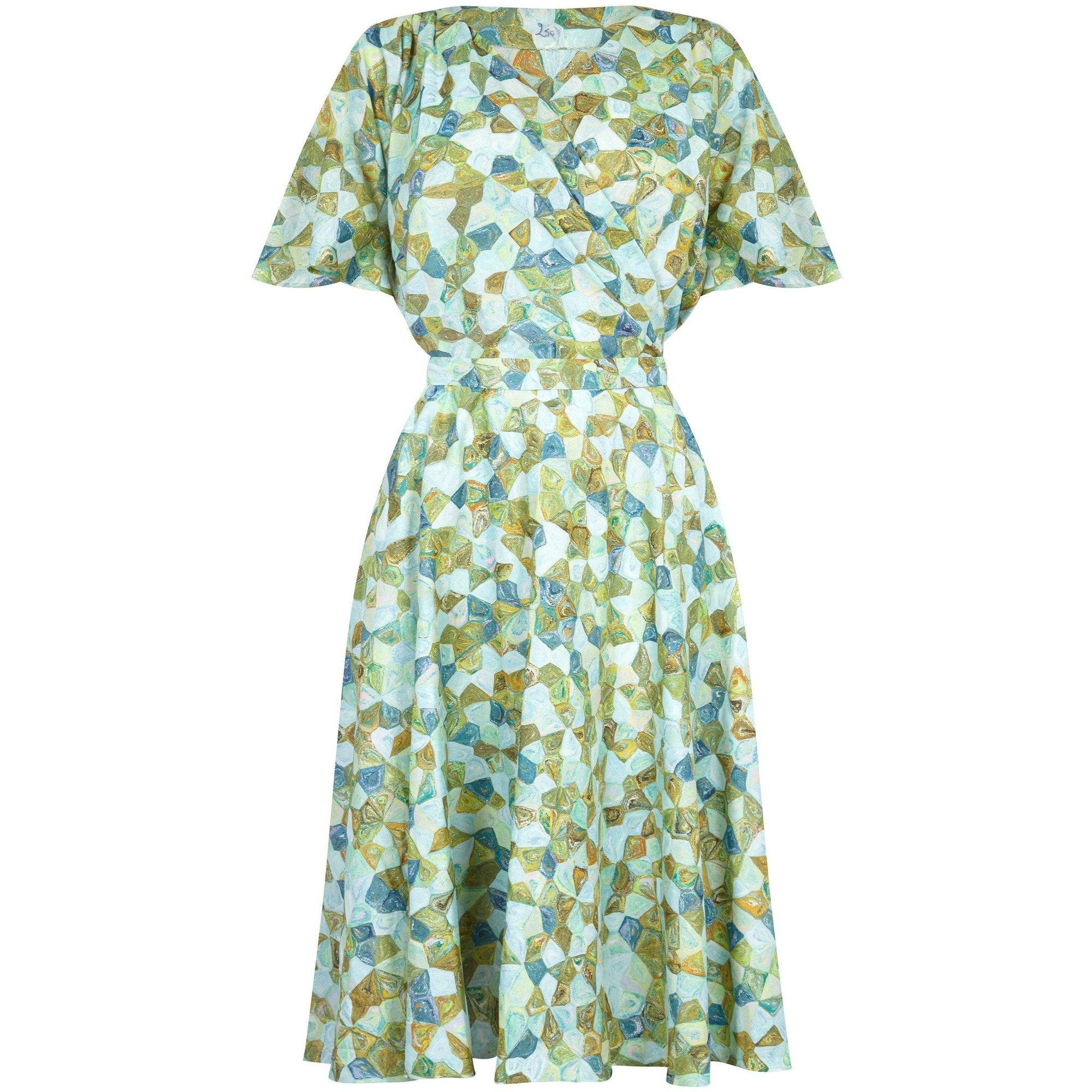 1950s Silk Pale Green Abstract Novelty Patterned Dress