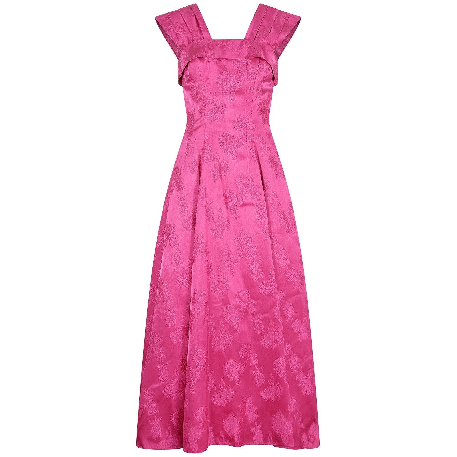 1950s Swiss Pink Jacquard Print Floral Ball Gown