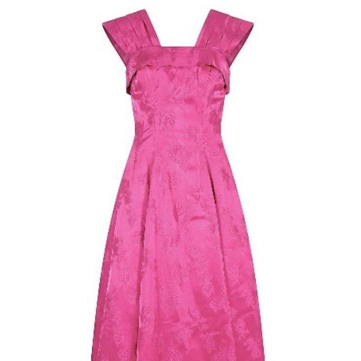 1950s Swiss Pink Jacquard Print Floral Ball Gown