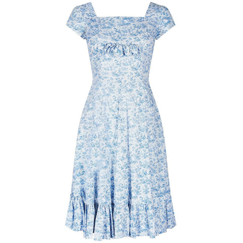 1950s Toile de Jouy Print Blue and White Cotton Dress