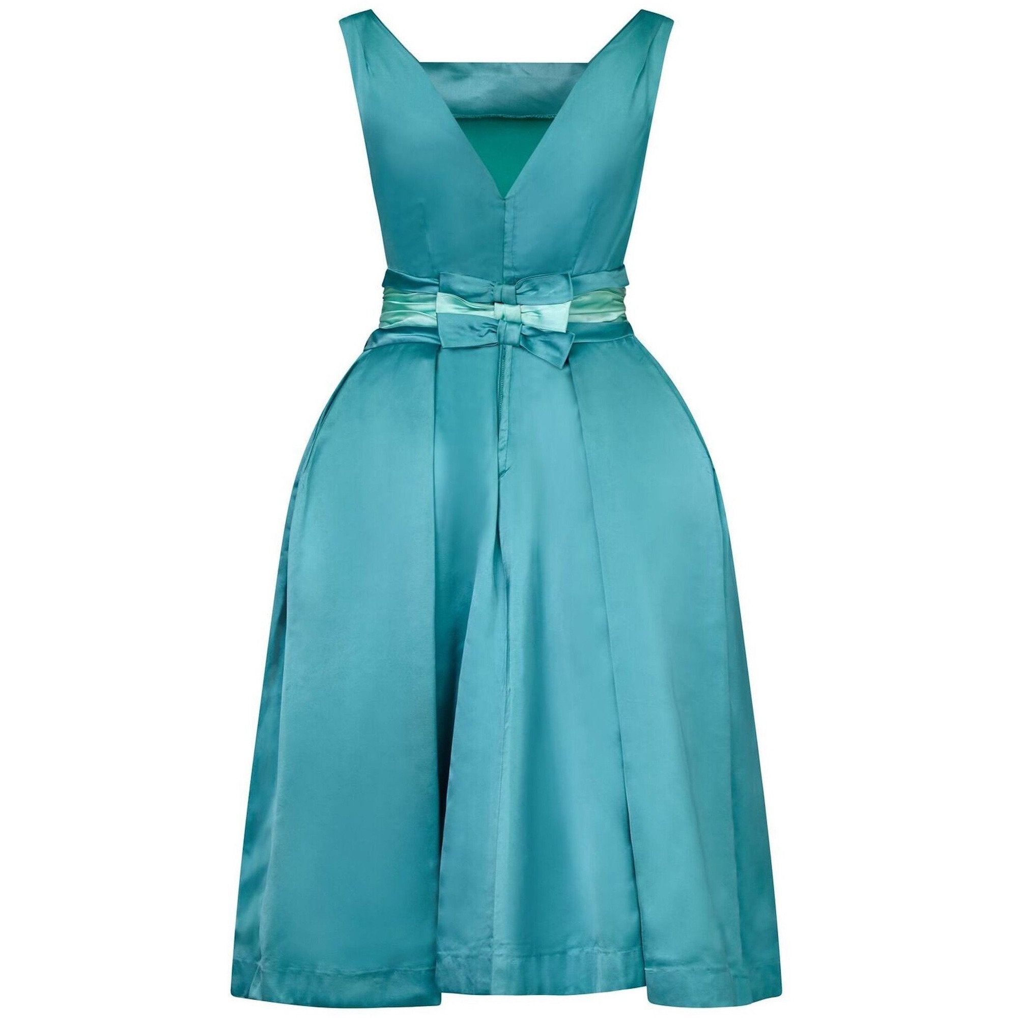 1950s Turquoise Satin Duchess Dress With Corseted Waistband