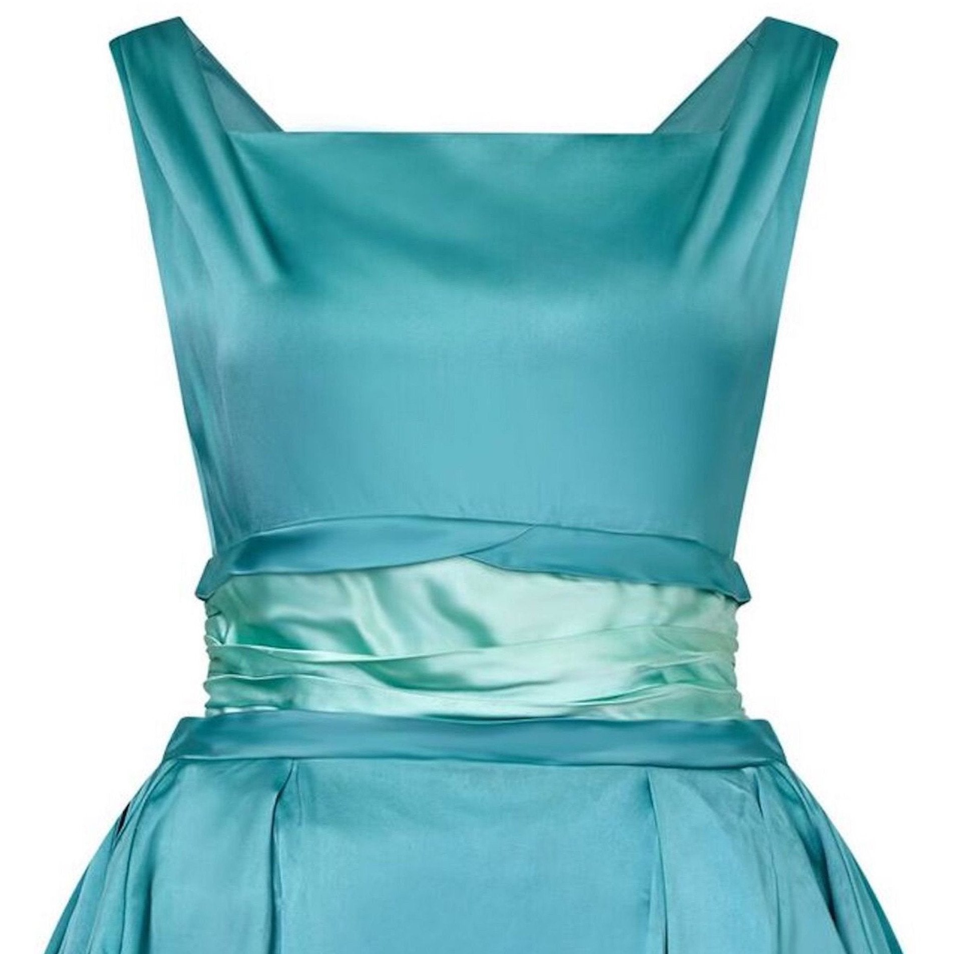 1950s Turquoise Satin Duchess Dress With Corseted Waistband