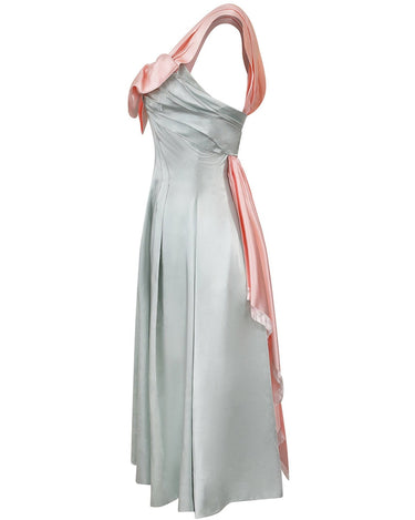 1950s Worth Demi Couture Silver Grey and Pale Pink Satin Dress