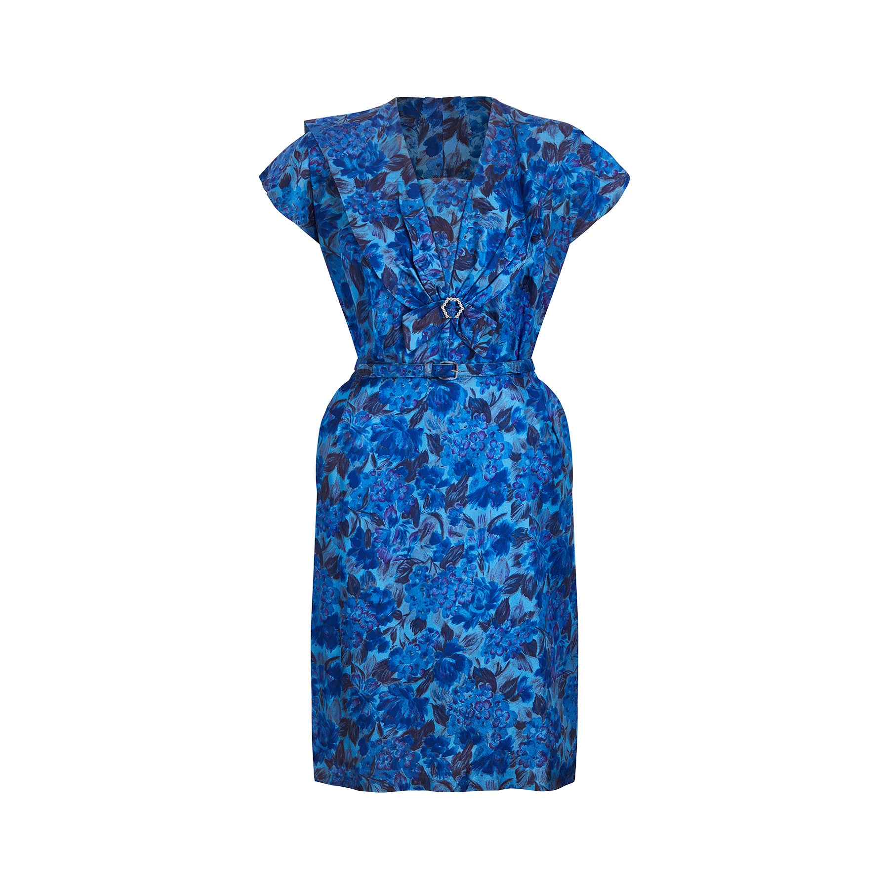 1950s Blue Floral Wiggle Dress