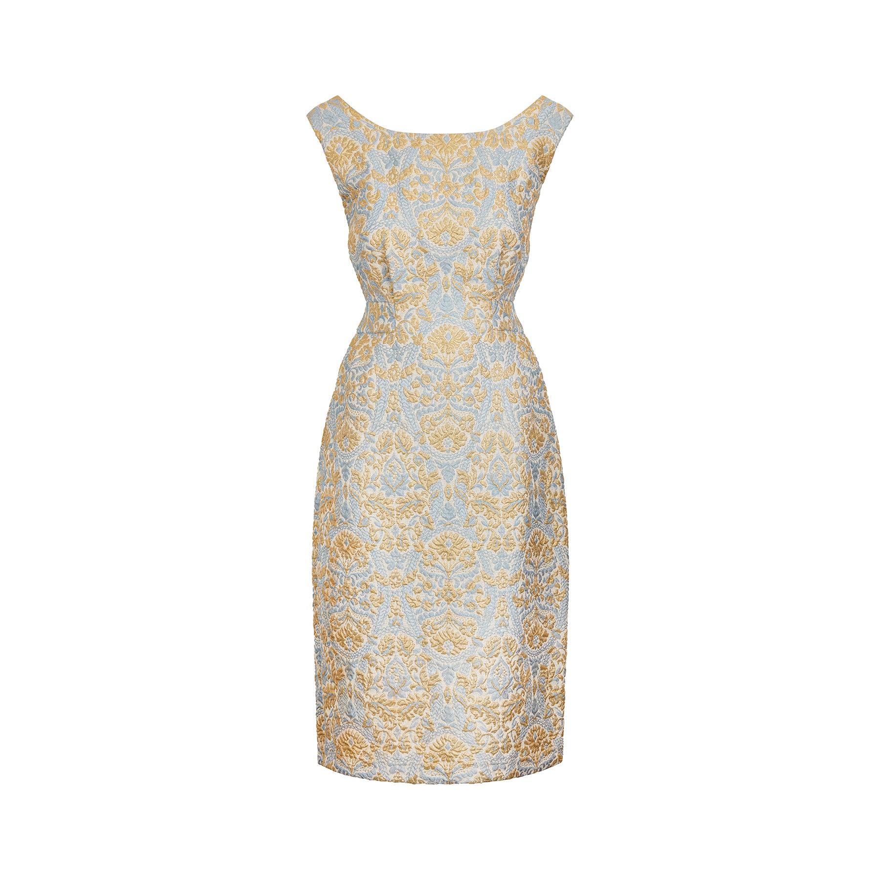 ARCHIVE: 1950s Jean Desses Blue and Gold Brocade Dress Suit