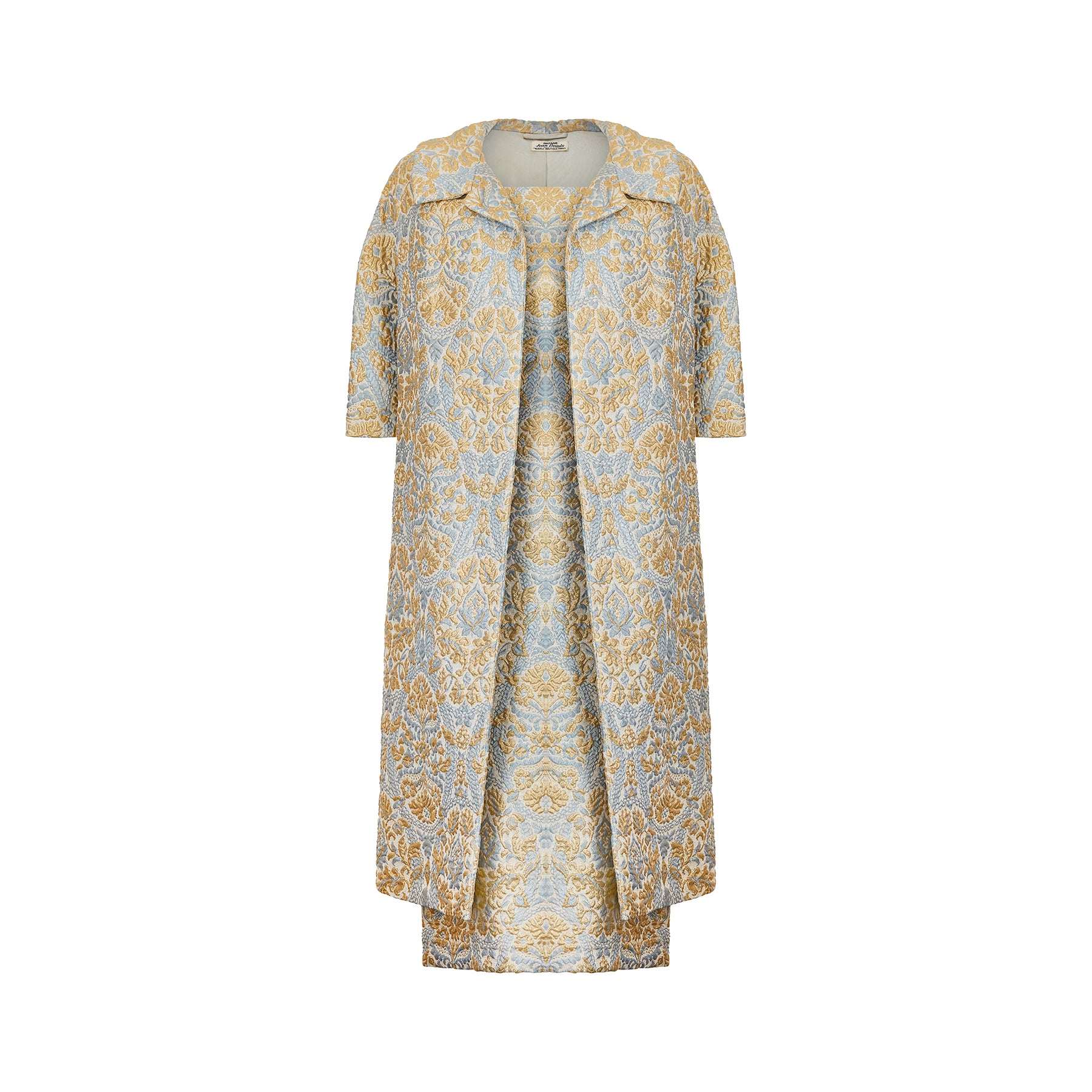 ARCHIVE: 1950s Jean Desses Blue and Gold Brocade Dress Suit