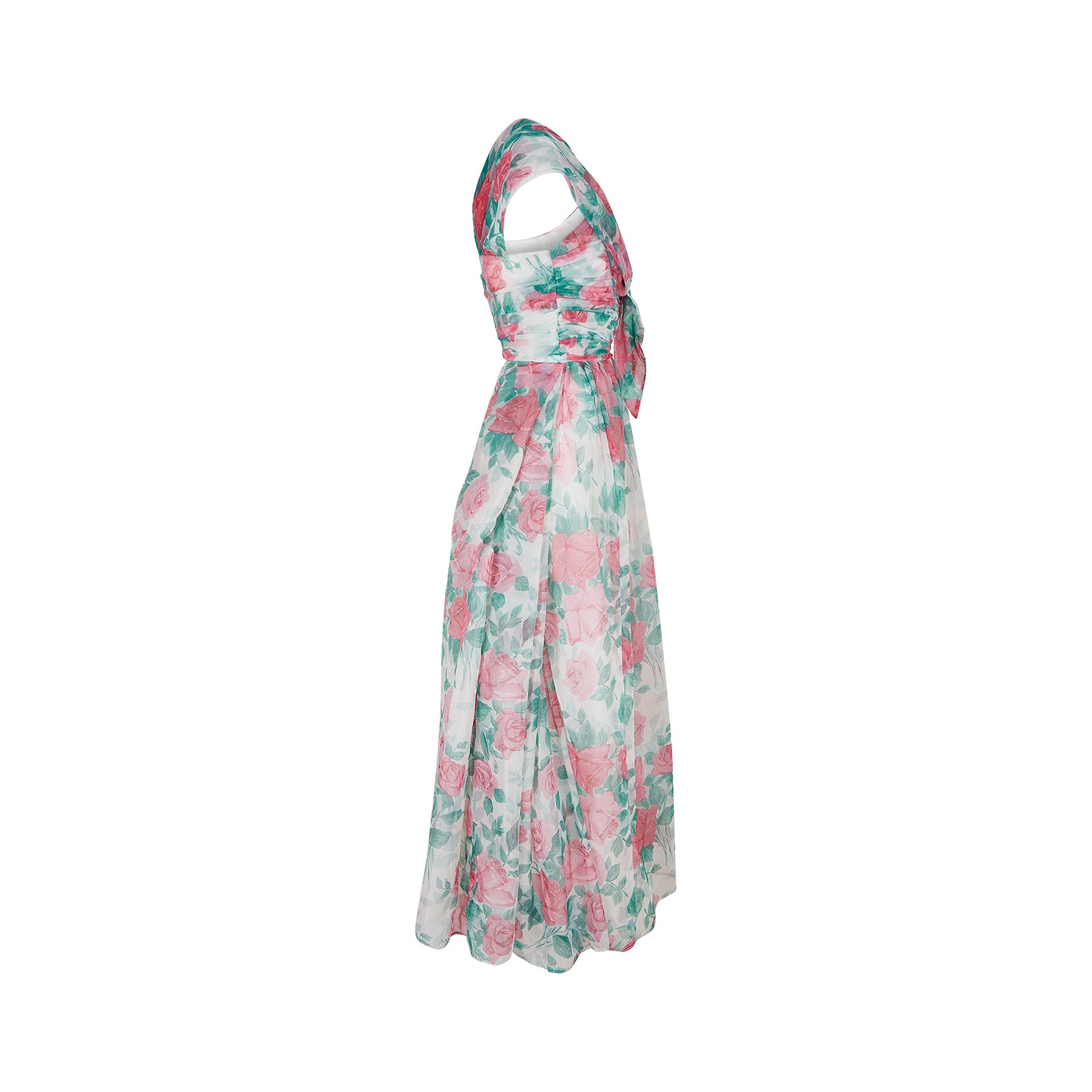 1950s Jenners Rose Print Organza Maxi Dress