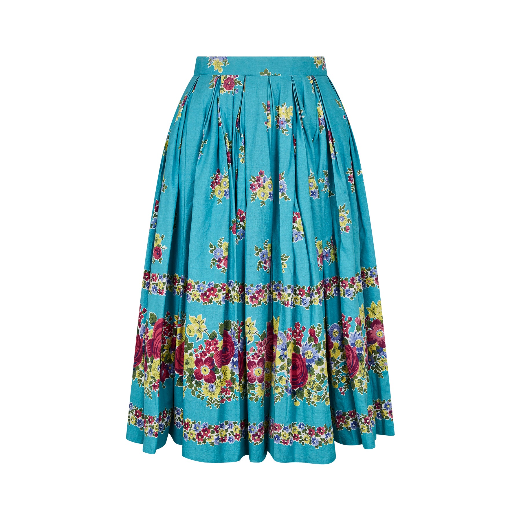 1950s Turquoise Box Pleat Floral Print Skirt