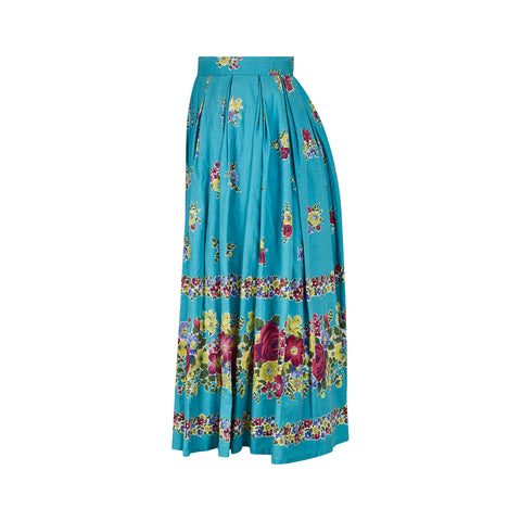 1950s Turquoise Box Pleat Floral Print Skirt