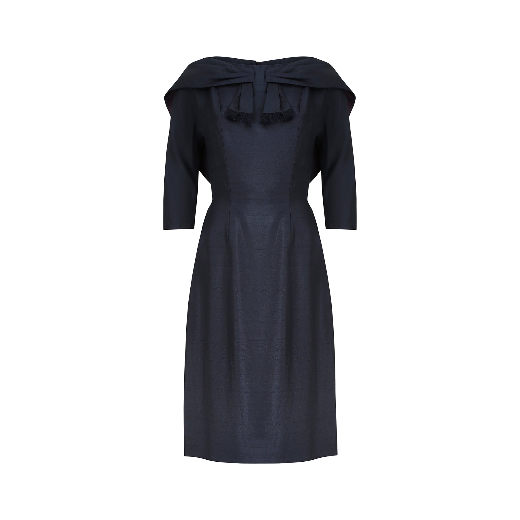 ARCHIVE: 1950s Navy Silk Shawl Collar Dress