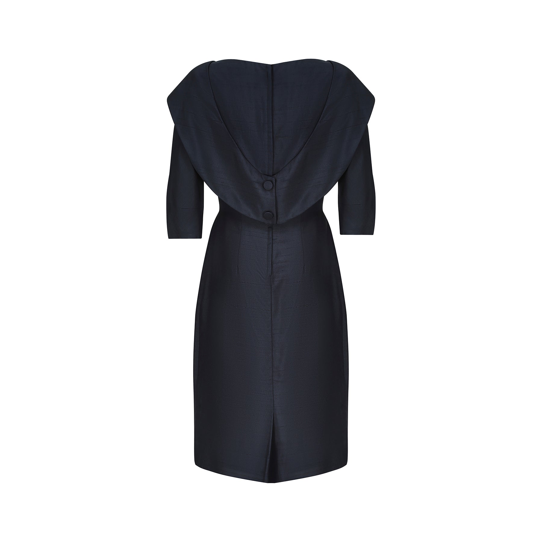 ARCHIVE: 1950s Navy Silk Shawl Collar Dress