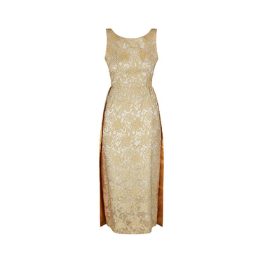 ARCHIVE: 1950s Golden Yellow Floral Jacquard Dress with Train
