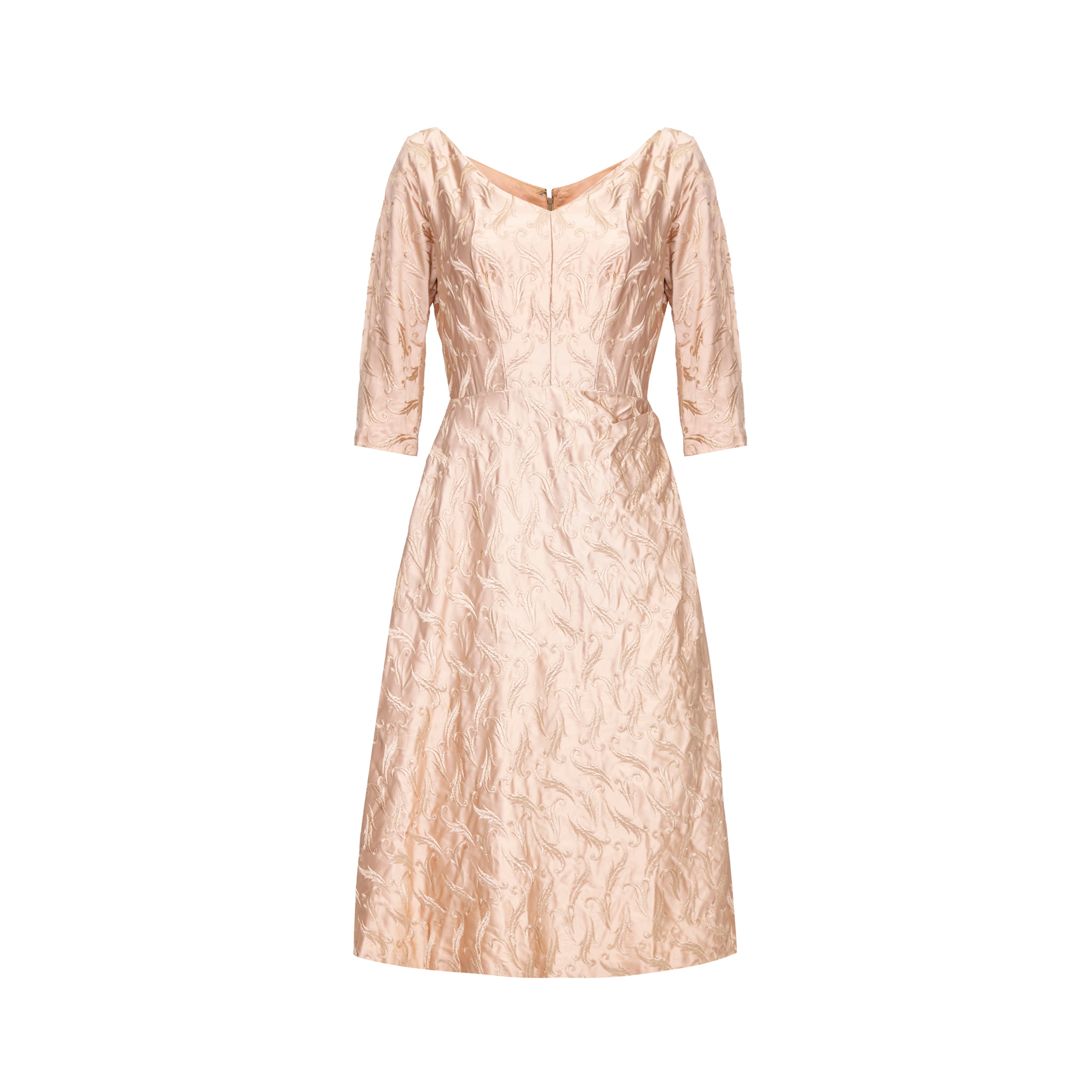 1950s Rose Gold Embroidered Silk Dress