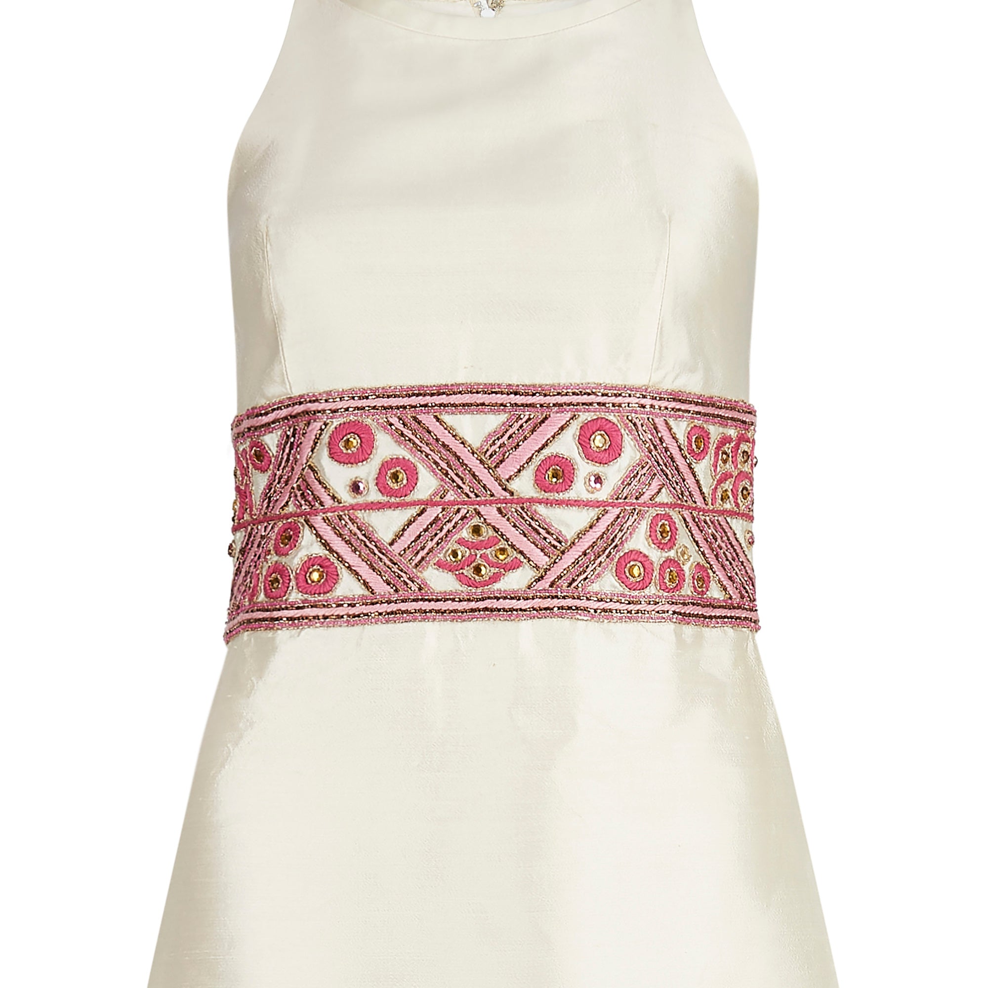 1960s Contessa Cream Silk Dress with Pink Embellished Waistband