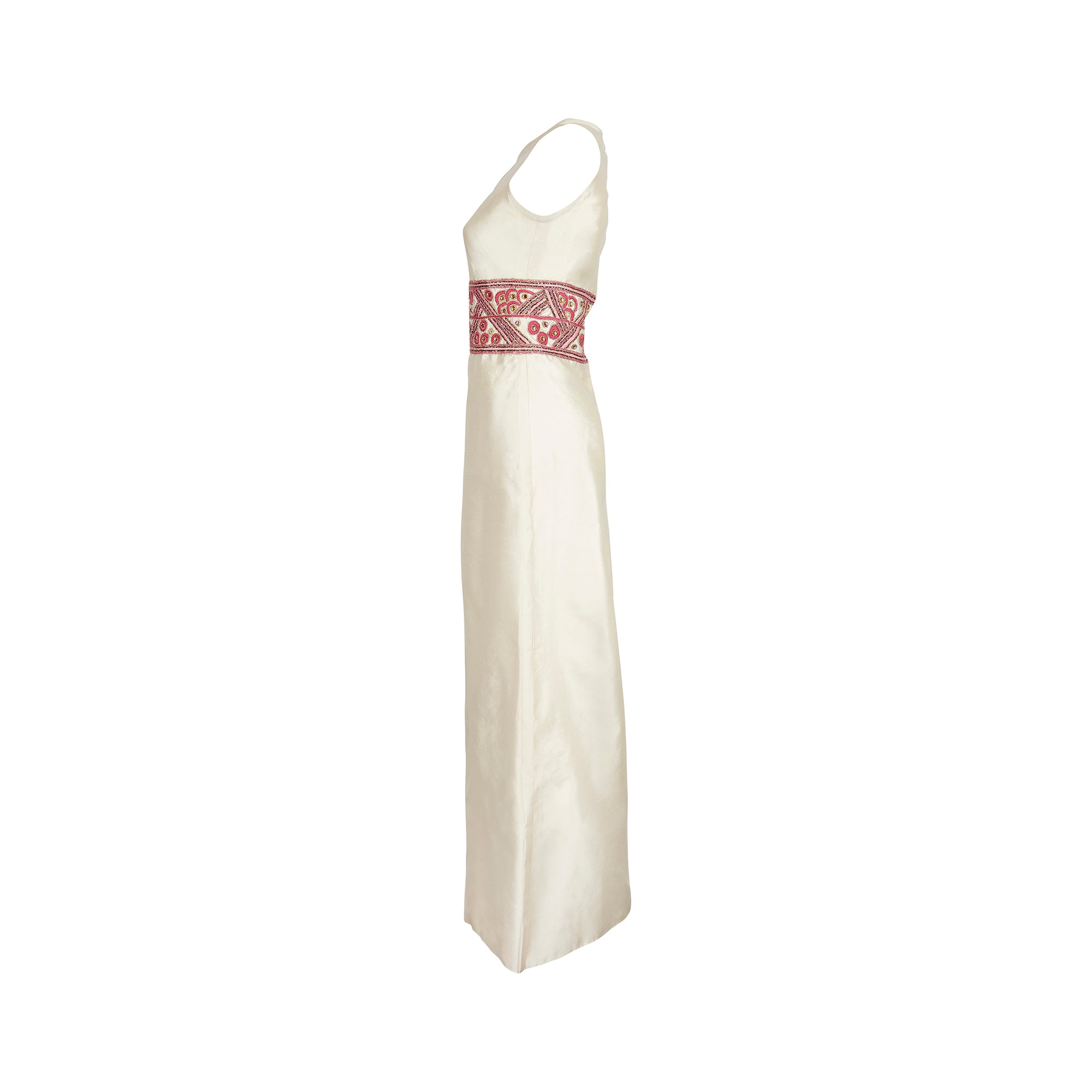 1960s Contessa Cream Silk Dress with Pink Embellished Waistband