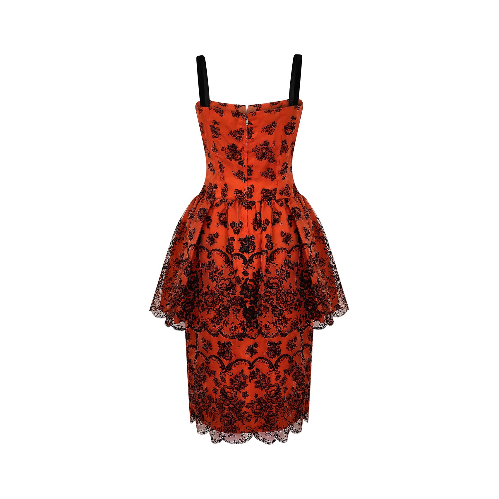 1960s Diana Floral Black and Orange Flock Print Dress