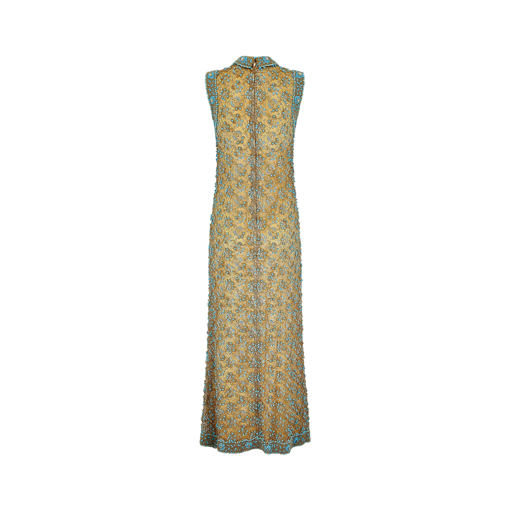 1960s Doreen Lok Gold and Turquoise Beaded Maxi Dress