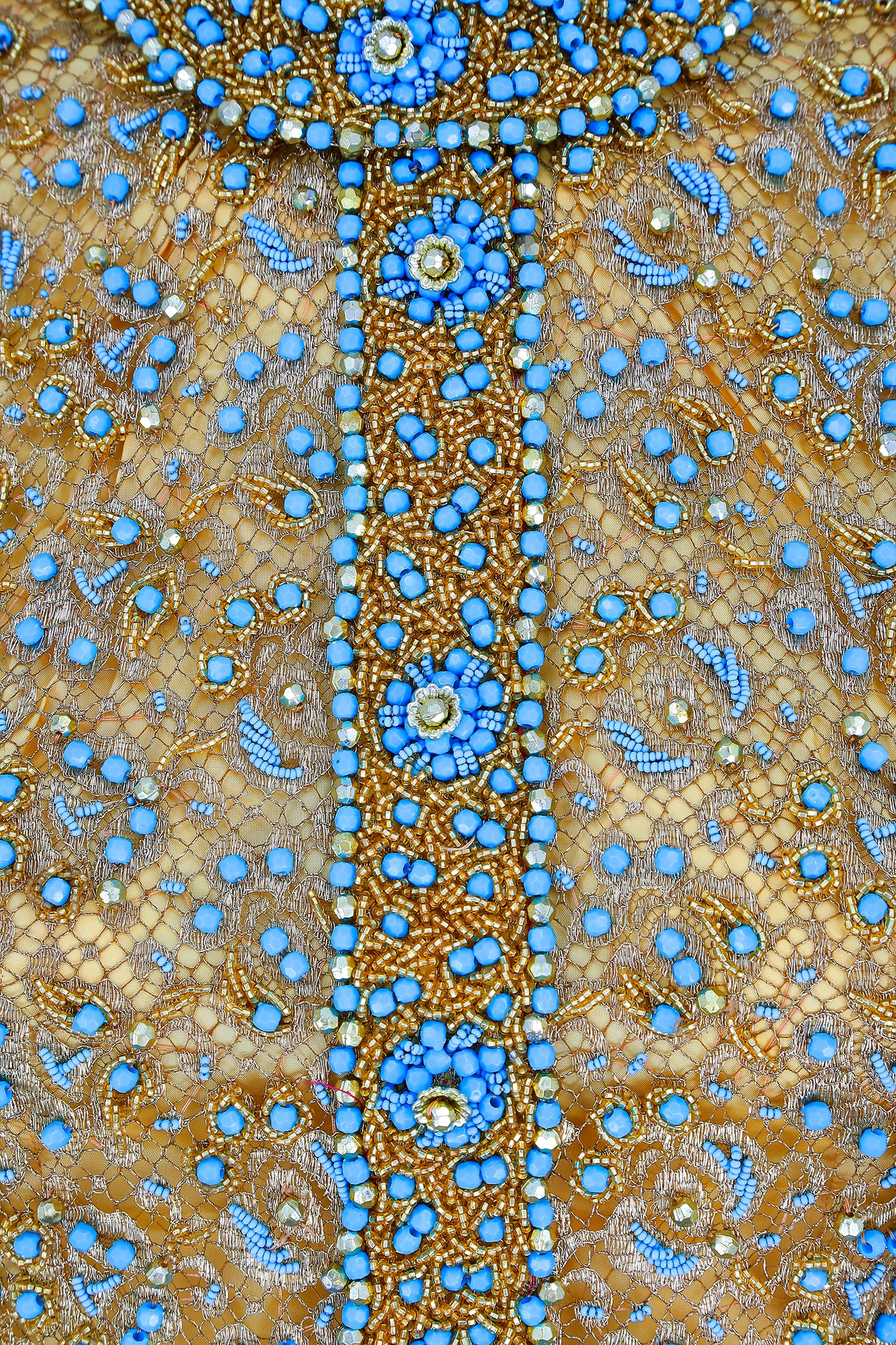 1960s Doreen Lok Gold and Turquoise Beaded Maxi Dress