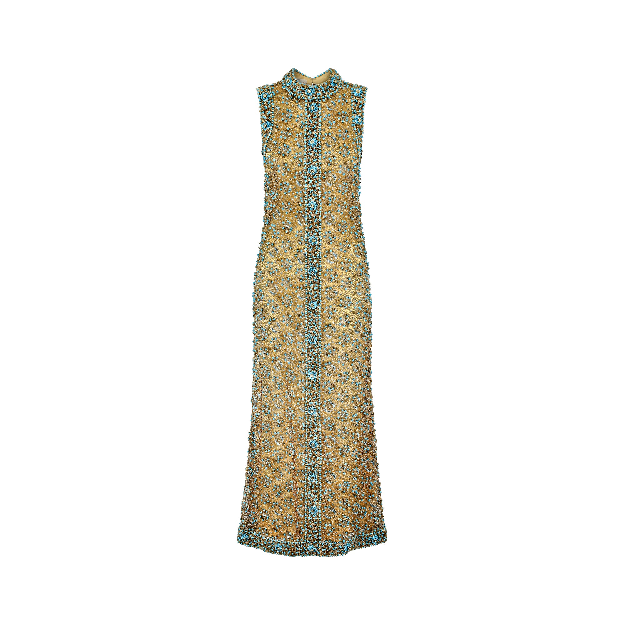 1960s Doreen Lok Gold and Turquoise Beaded Maxi Dress