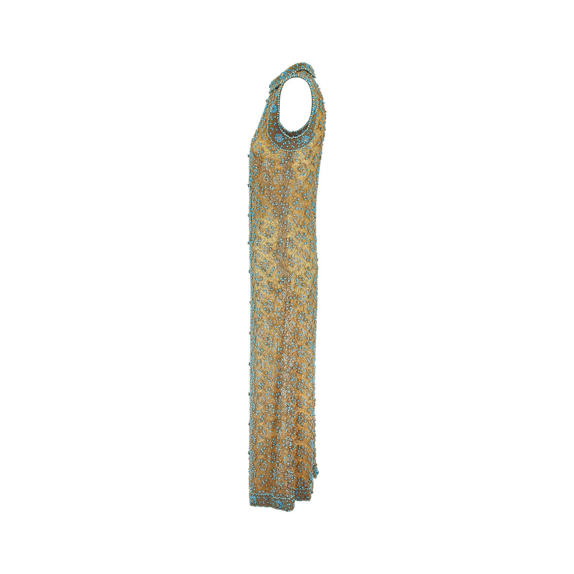 1960s Doreen Lok Gold and Turquoise Beaded Maxi Dress