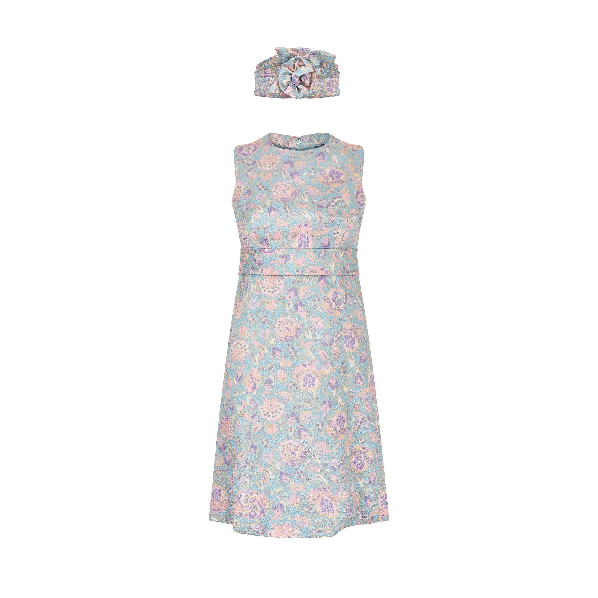 1960s Pastel Floral Lame Dress with Matching Headband