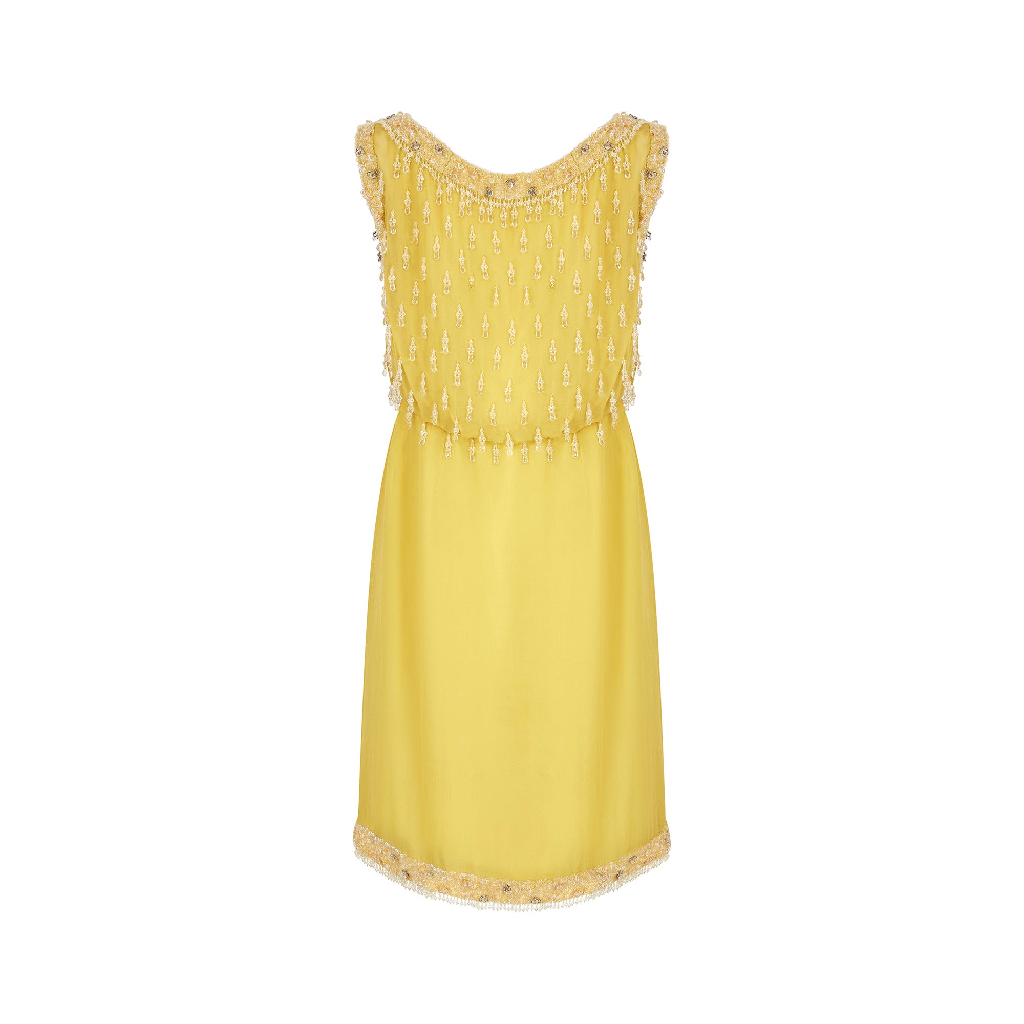 1960s French Couture Yellow Silk Chiffon Sequin Beaded Dress