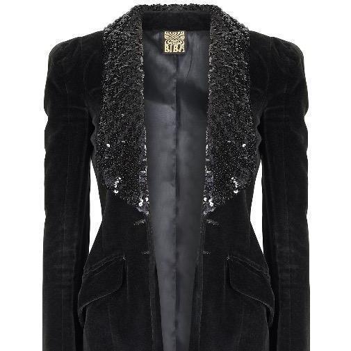 1960s Biba Early Woven Label Black Velvet and Sequin Lapel Jacket