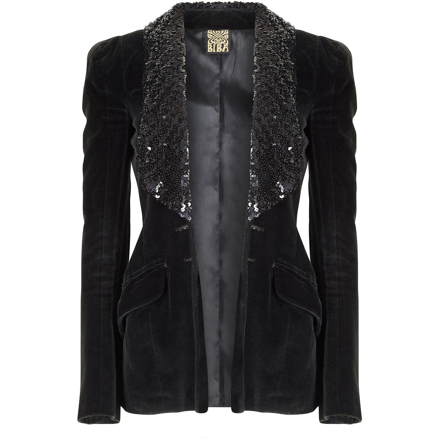 1960s Biba Early Woven Label Black Velvet and Sequin Lapel Jacket