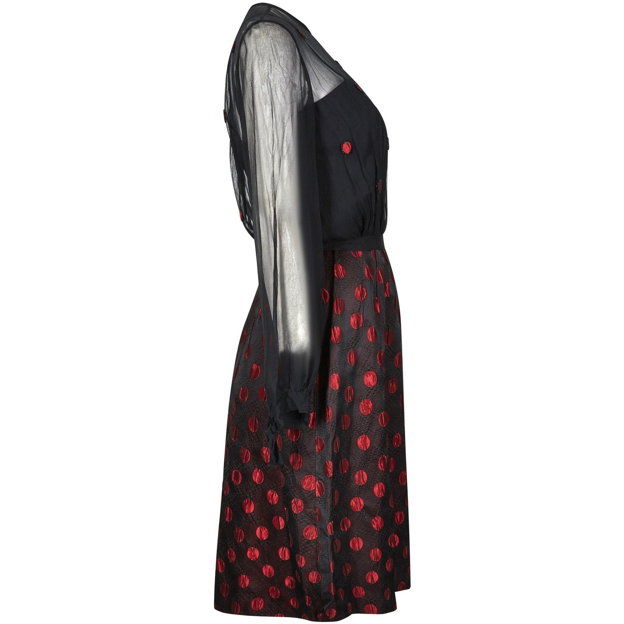 1960s Black and Red Polka Dot Demi Couture Dress and Jacket With Chiffon Bodice