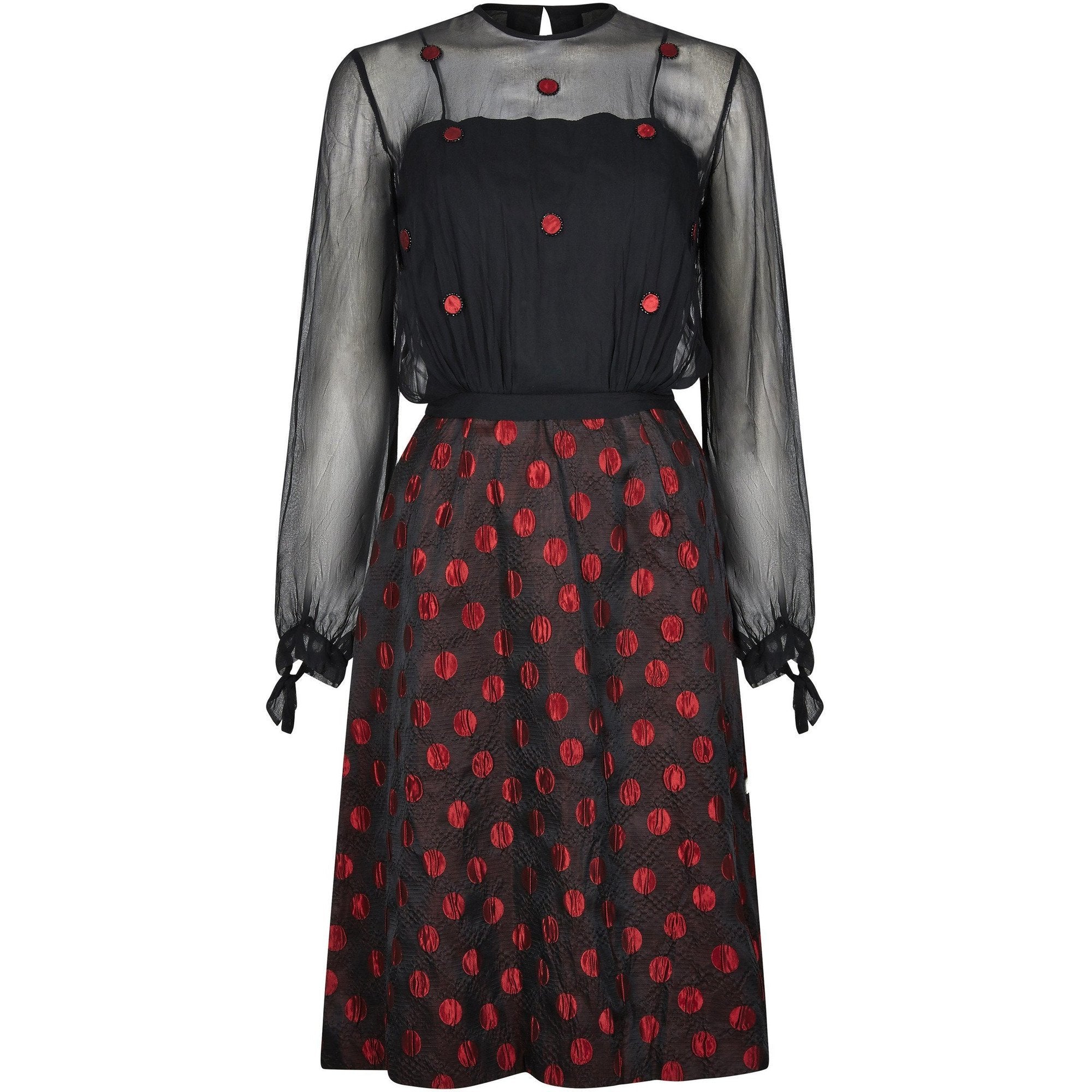 1960s Black and Red Polka Dot Demi Couture Dress and Jacket With Chiffon Bodice