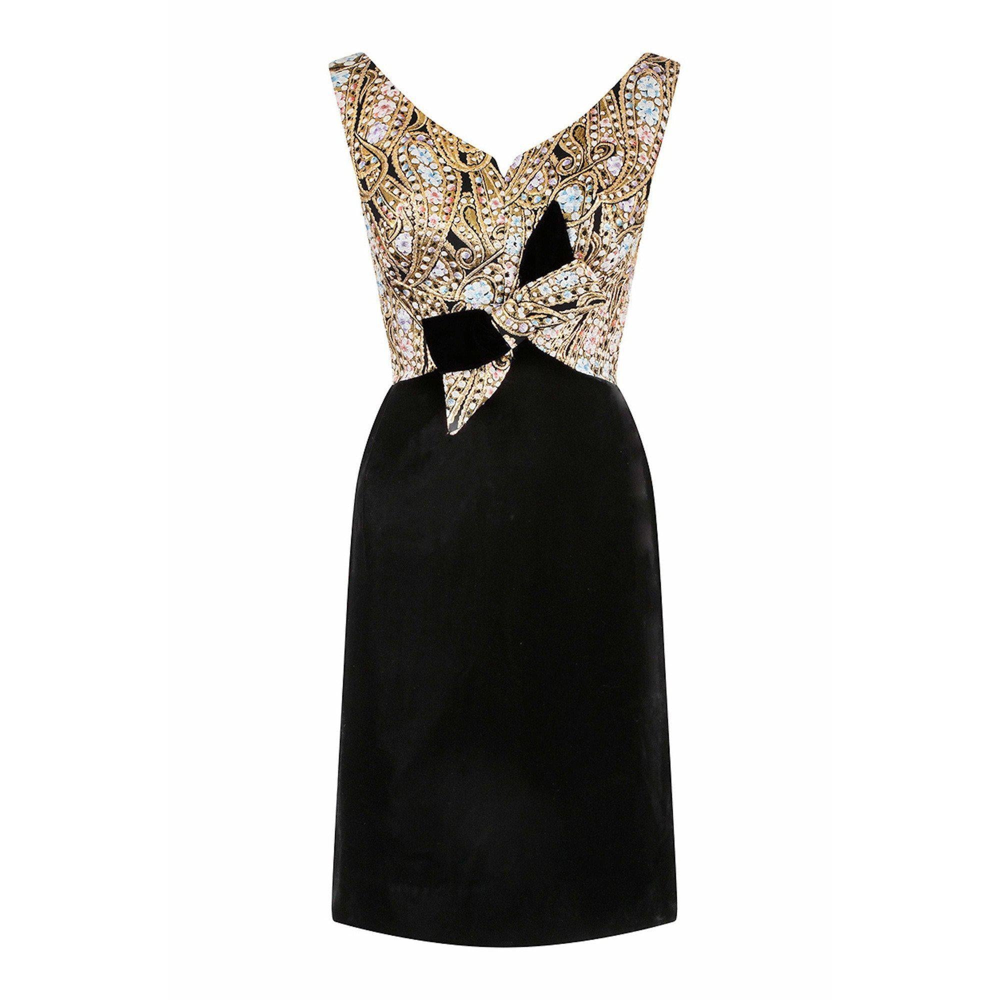 1960s Black Velvet and Gold Lamé Cocktail Dress With Bow Detail