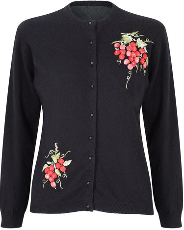 1960s Black Wool and Embroidered Satin Work Grape Applique Cardigan