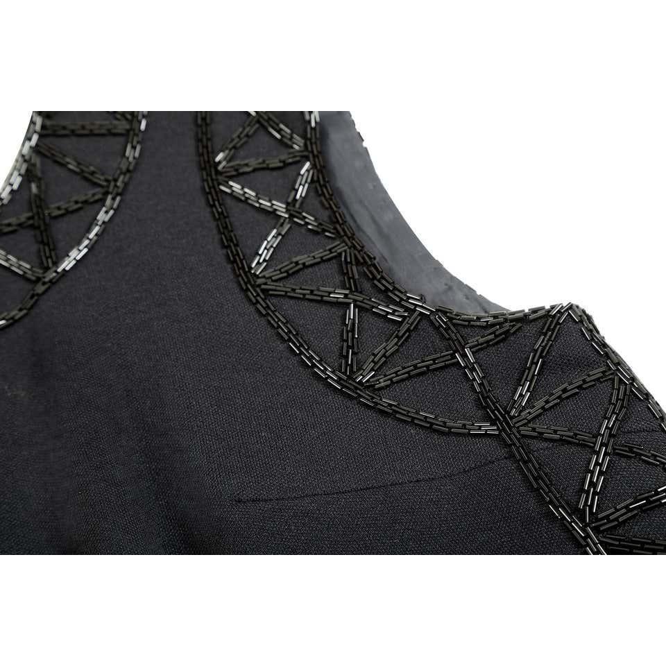 1960s Bruce Arnold Black Wool Jersey Dress With Beaded Embellishment