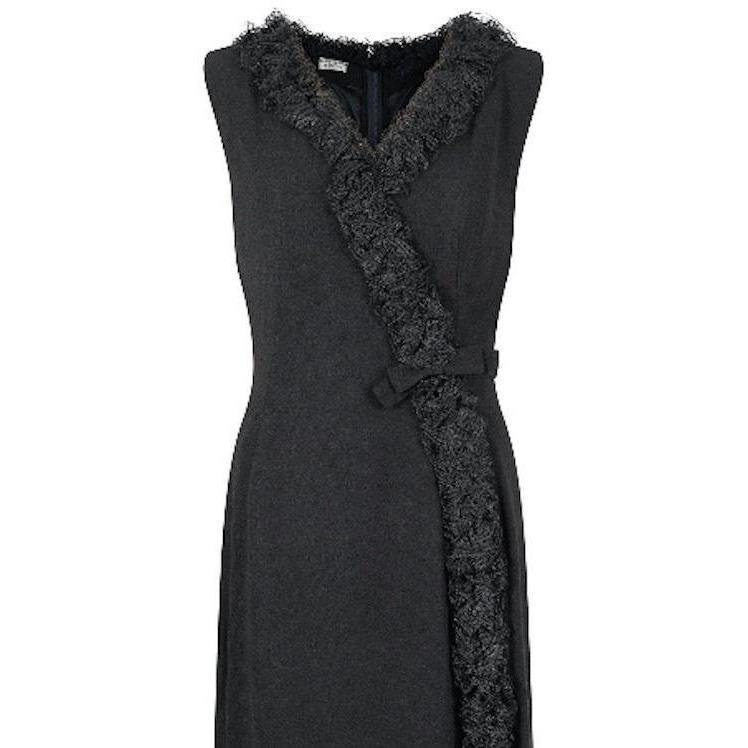 1960s Carnegie Black Crepe Wrap Over Lace Ruffle Hem Dress